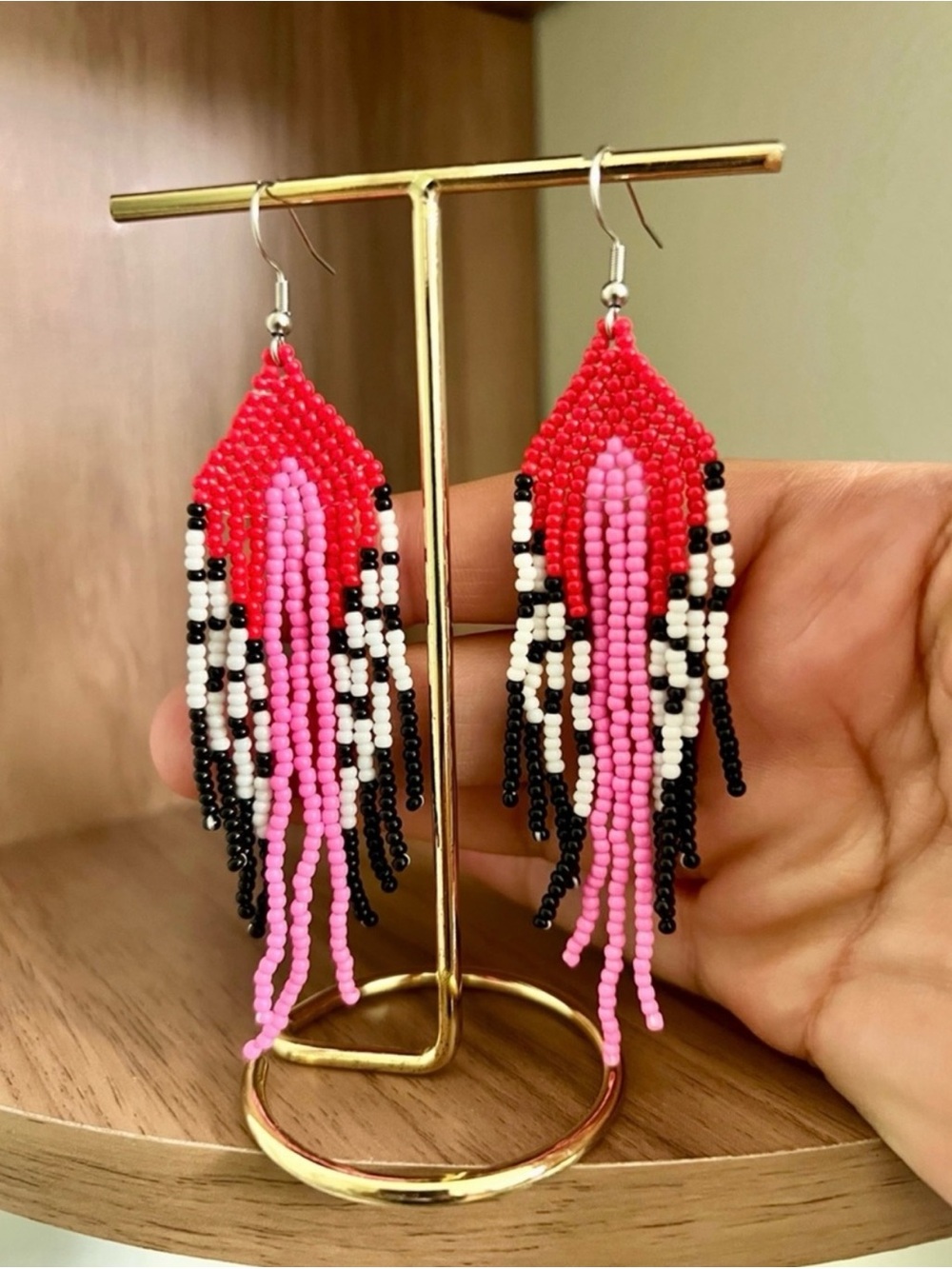 Pink & Red Geometric Boho Beaded Fringe Earrings